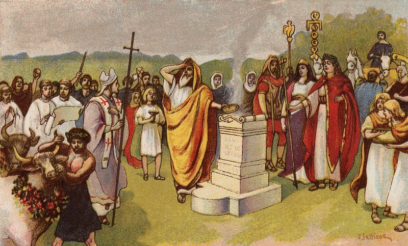 Konstantin den store frambar ett offer när de första kristna anländer, York, 306 (chromolitho) av John Jellicoe