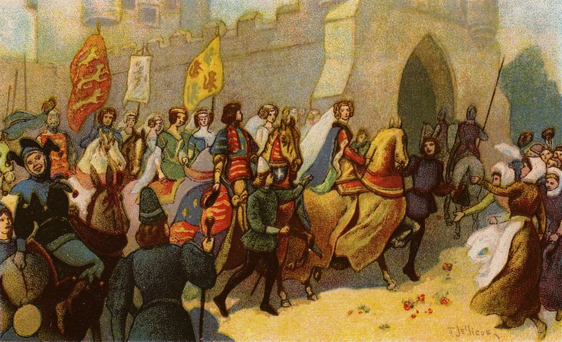 Kung Edward III och hans adelsmän eskorterar Philippa av Hainaut till York av John Jellicoe