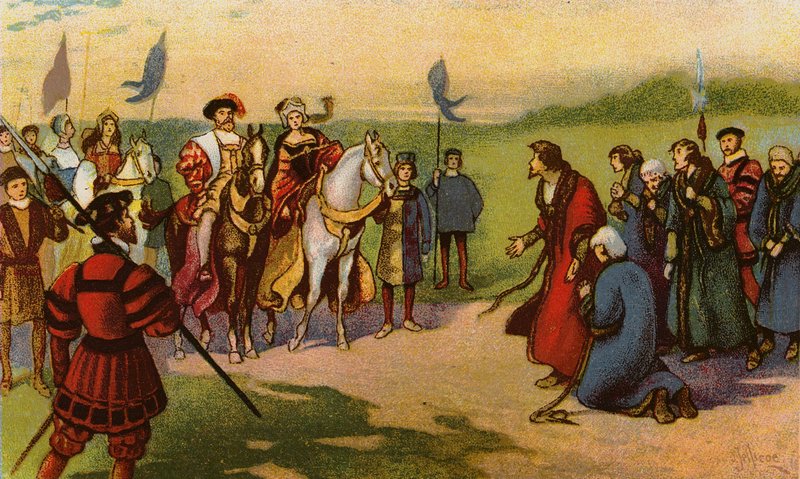 Kung Henry VIII och Catherine Howard anländer till York efter Pilgrimage of Grace 1541 (chromolitho) av John Jellicoe