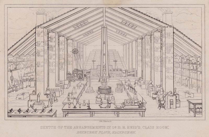 Skiss över arrangemangen i Dr D B Reids klassrum, Roxburgh Place, Edinburgh (gravyr) av John Johnstone
