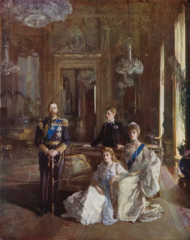 King George V, Queen Mary, Prince of Wales och Princess Mary i White Drawing Room, Buckingham Palace, London, 1913 av John Lavery