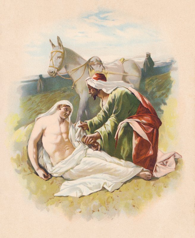 Den barmhärtige samariten (färglitografi) av John Lawson
