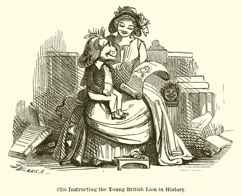 Clio instruerar det unga brittiska lejonet i historia av John Leech