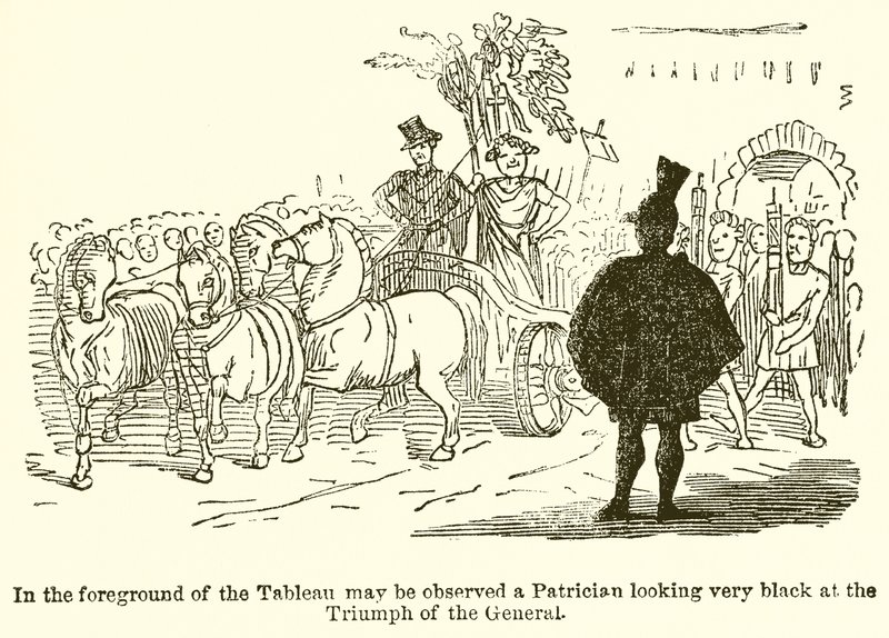 I förgrunden av tavlan kan man observera en patricier som ser mycket svart på generalens triumf. av John Leech