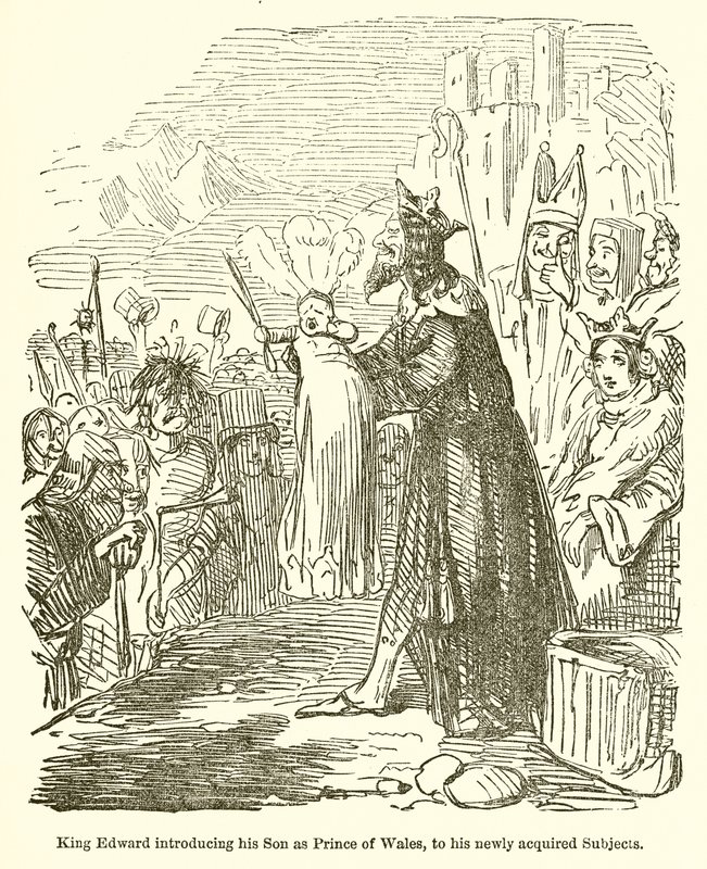 Kung Edward presenterar sin son som prins av Wales, för sina nyförvärvade ämnen av John Leech