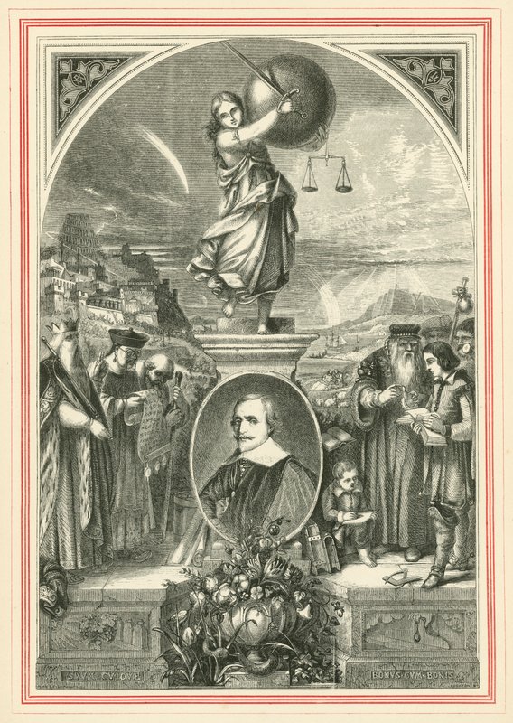 Porträtt av Jacob Cats, under allegorisk figur av Universal Justice (gravyr) av John Leighton