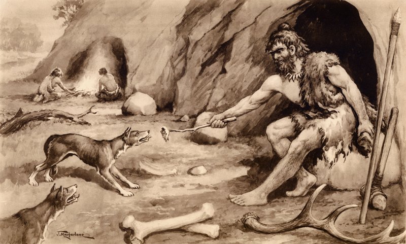Grottmänniska matar hund (litografi) av John Macfarlane
