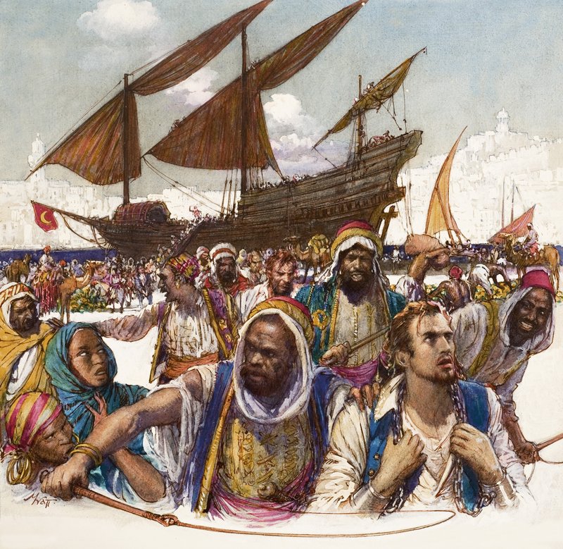 Fångar av araber förs i kedjor från hamnen, med dhow i bakgrunden av John Millar Watt