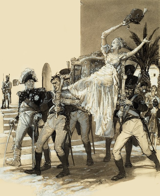 Flicka bärs av soldater (gouache på papper) av John Millar Watt