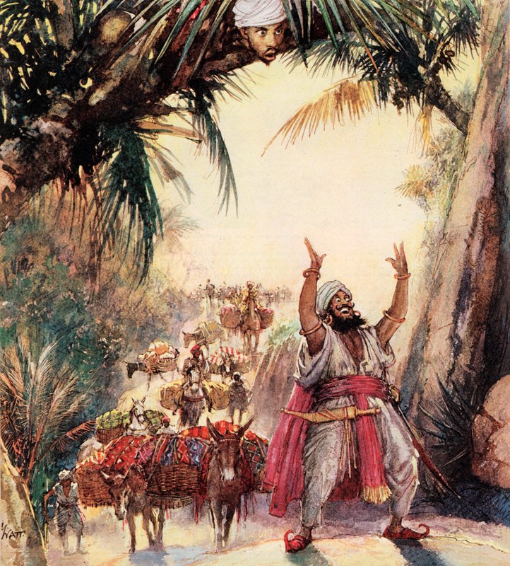 Hur Ali Baba mötte de fyrtio tjuvarna (färglitografi) av John Millar Watt