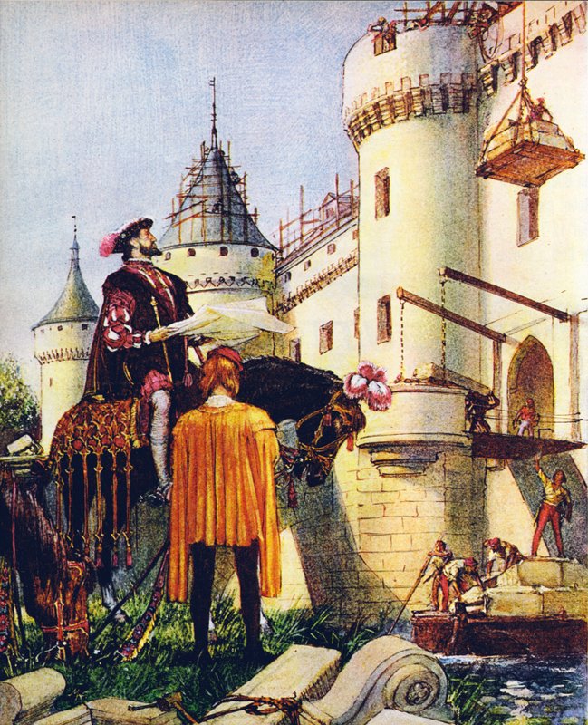 Kung Frans I av Frankrike, övervakar byggandet av slott (färglitografi) av John Millar Watt