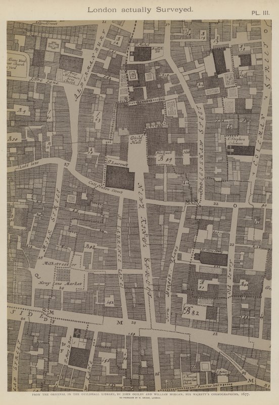 Karta över en del av City of London, som visar platsen för Guildhall av John Ogilby