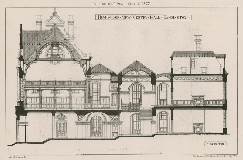 Design för New Vestry Hall, Kensington av John Oldrid Scott