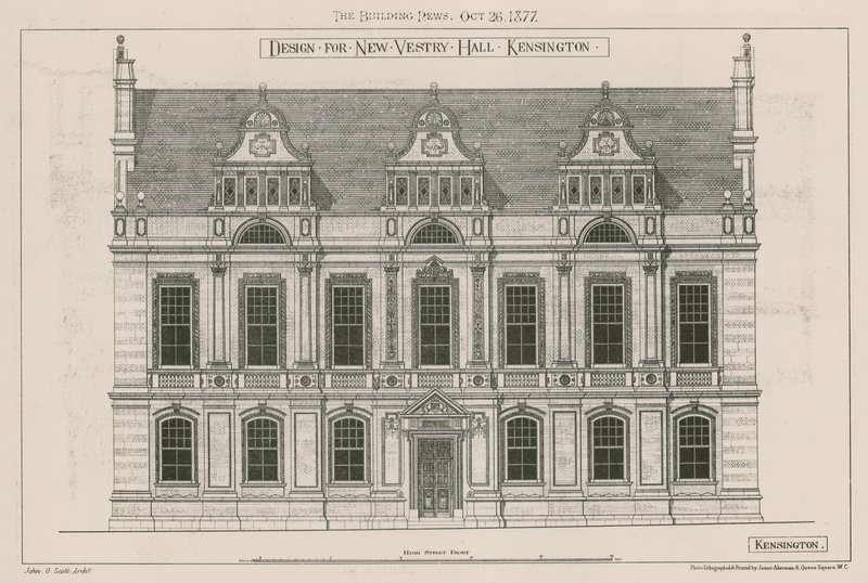 Design för New Vestry Hall, Kensington, London av John Oldrid Scott