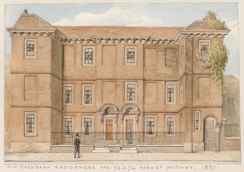 Gamla jakobinska residens, nr 72 och 74, High Street, Putney, London, 1887 av John Phillipp Emslie