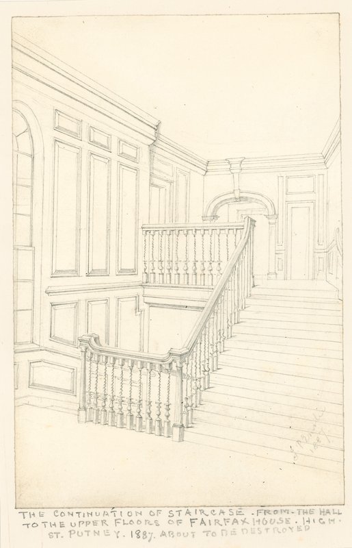 Fortsättningen av trappan, från hallen till de övre våningarna, i Fairfax House, High Street, Putney, 1887 av John Phillipp Emslie