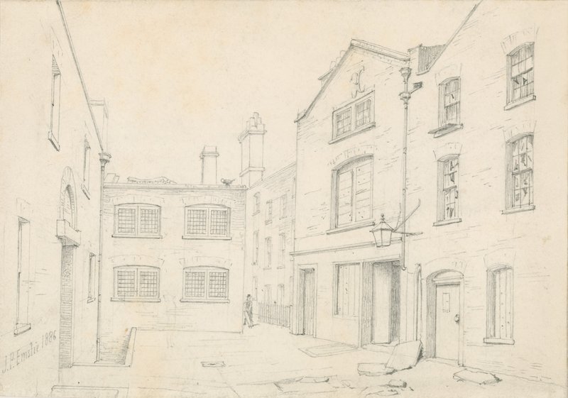 White Hart Court, Castle Street, St Martin in the Fields. Rivs med byggnaden av Charing Cross Road av John Phillipp Emslie