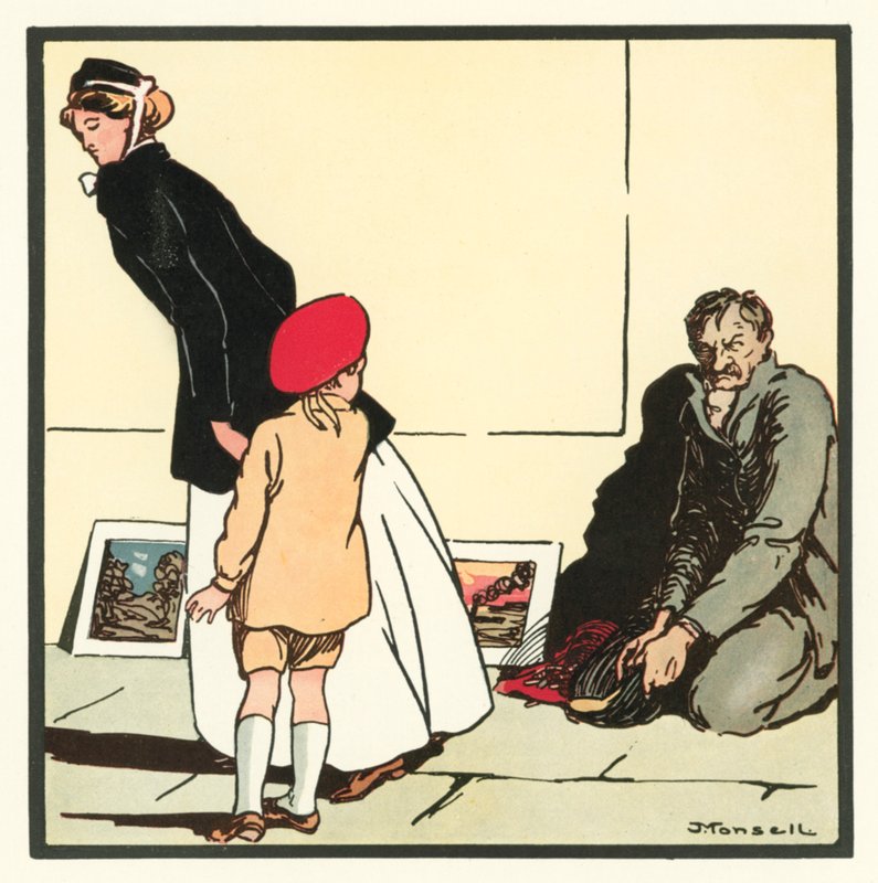 Kensington Rhymes: The Pavement Artist (färg litho) av John Robert (after) Monsell