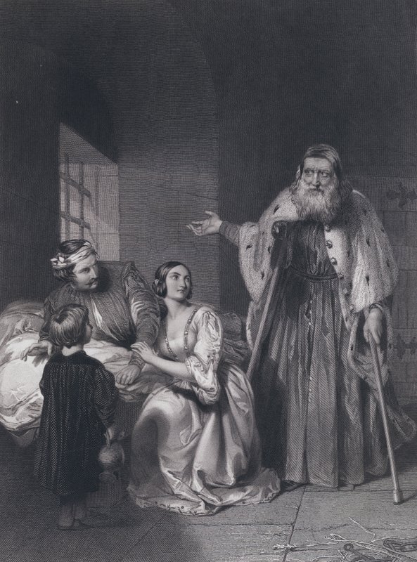 Francesco Foscari, doge av Venedig, uttalar exildomen över sin son Giacopo (gravyr) av John Rogers (after) Herbert