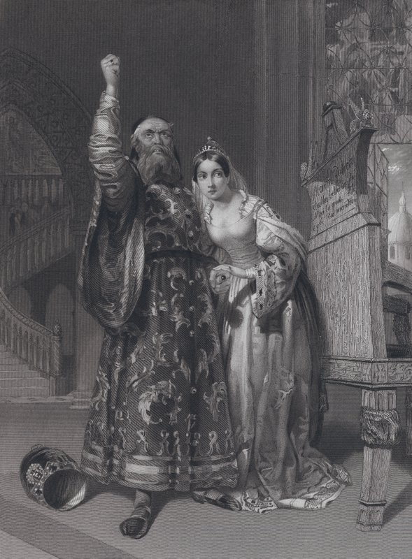 Marino Faliero, doge av Venedig, hotar hämnd för förtal mot sin fru, Aluycia Gradenigo (gravyr) av John Rogers (after) Herbert