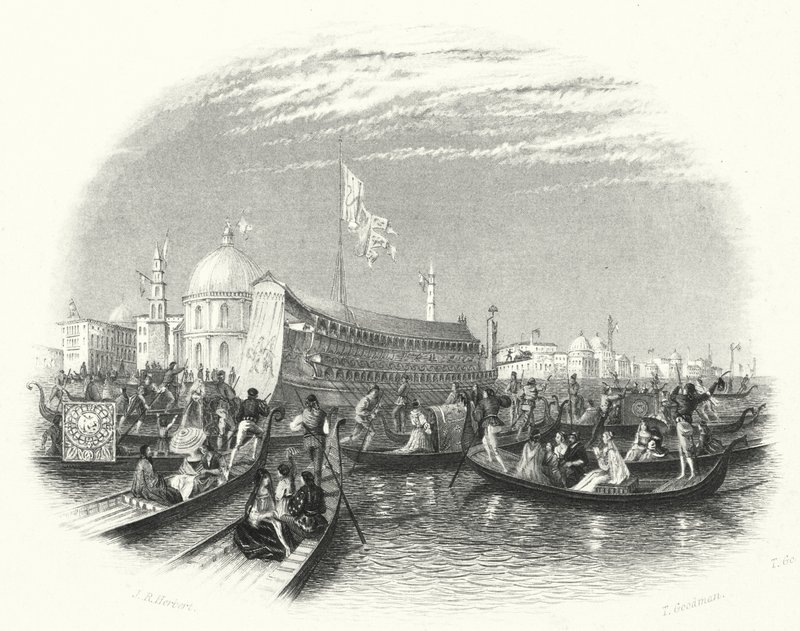 Havets äktenskap. Dogens pråm och gondoler på vattnet i Venedig (gravyr) av John Rogers (after) Herbert