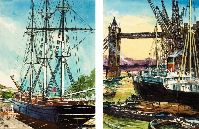 Ett stort fartyg i nedre delen av Themsen och ett ångdrivet lastfartyg nära Tower Bridge (gouache på papper) av John S. Smith