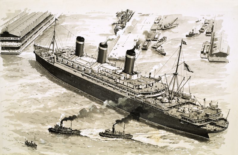 Ångfartyget Leviathan styrs in mot en pir i New Yorks hamn av bogserbåtar av John S. Smith