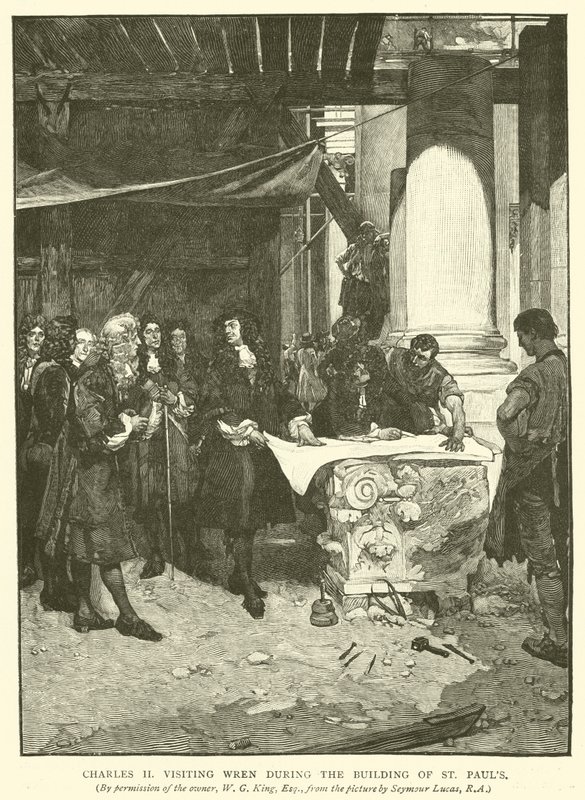 Charles II besöker Wren under byggandet av St Pauls av John Seymour Lucas