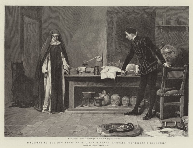 Illustration av H Rider Haggards nya berättelse Montezumas dotter av John Seymour Lucas