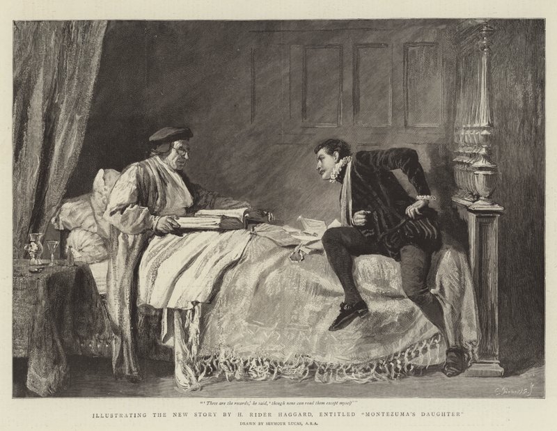 Illustration av H Rider Haggards nya berättelse Montezumas dotter av John Seymour Lucas