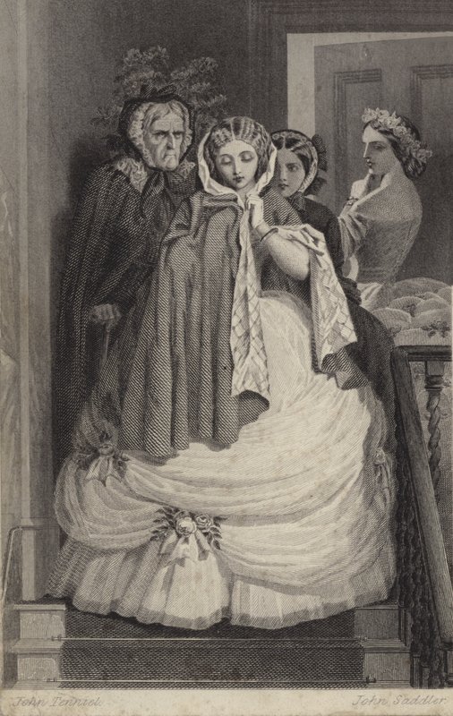 Vacker flicka, klädd för fest, nedför trappor av John Tenniel