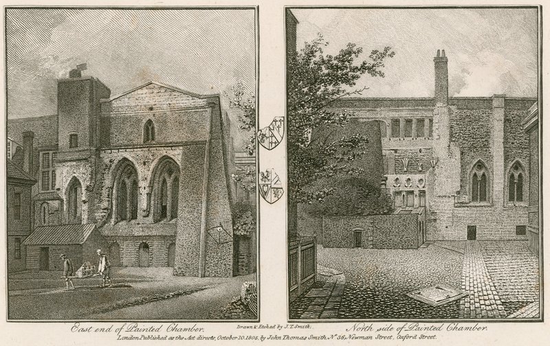 Östra änden (vänster) och norra sidan (höger) av den målade kammaren, Westminster Palace av John Thomas Smith