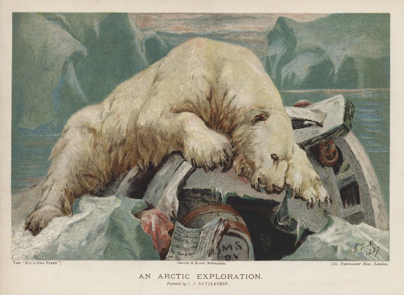 An Arctic Exploration: en isbjörn som undersöker föremål från en arktisk expedition (chromolitho) av John Trivett Nettleship