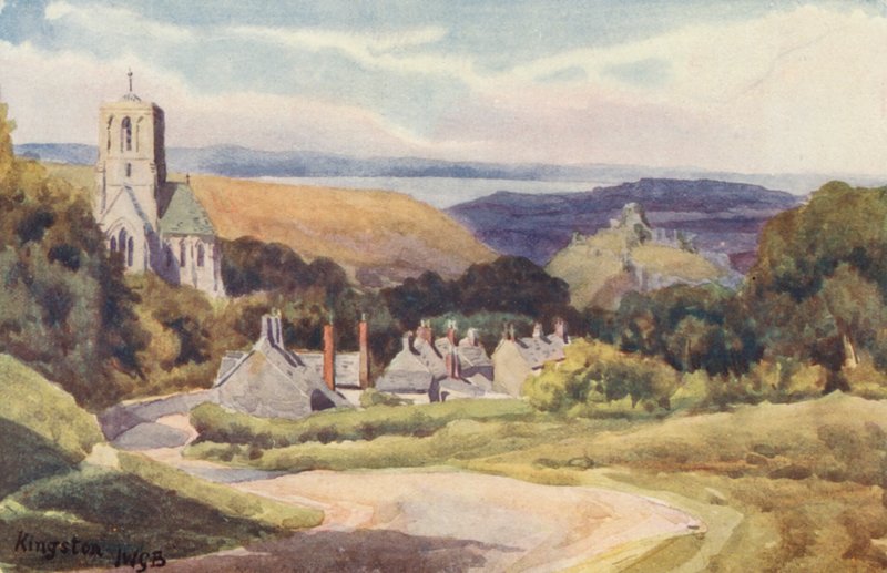 Kingston med Corfe Castle på långt håll (färglitografi) av John W.G. Bond