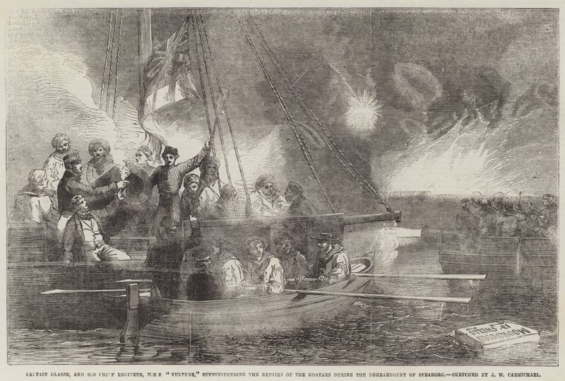 Kapten Glasse och hans chefsingenjör på HMS Vulture övervakar reparationen av granatkastarna under bombningen av Sveaborg. av John Wilson Carmichael
