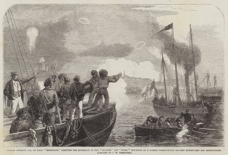 Kapten Hewlett, CB, från HMS Edinburgh, dirigerar Snapper och Stork Gun-Boats Movements på en rysk tredäckare mellan Gustafsvern och Bartholomew av John Wilson Carmichael