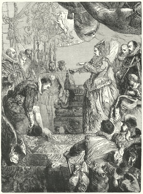 Sir Francis Drake tar emot sitt riddarskap av drottning Elizabeth I, 1581 av John after Gilbert