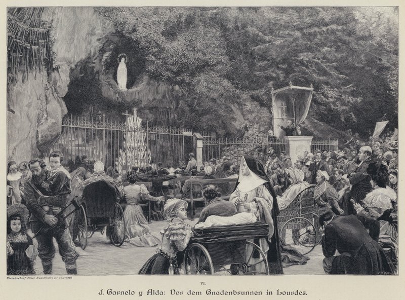 Grotto of Massabielle, Lourdes, Frankrike (gravyr) av Jose Garnelo y Alda