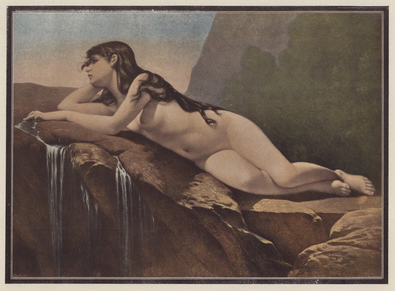 Kvinna liggande på en sten (färg litho) av Jose Nicolas Aussandron