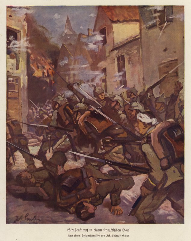 Gatustrid i en fransk by, första världskriget (färg litho) av Josef Andreas Sailer