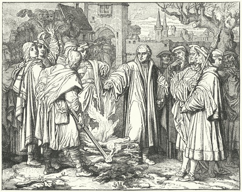 Martin Luther bränner den påvliga tjuren i Wittenberg, 1520 av Josef Mathias Trenkwald