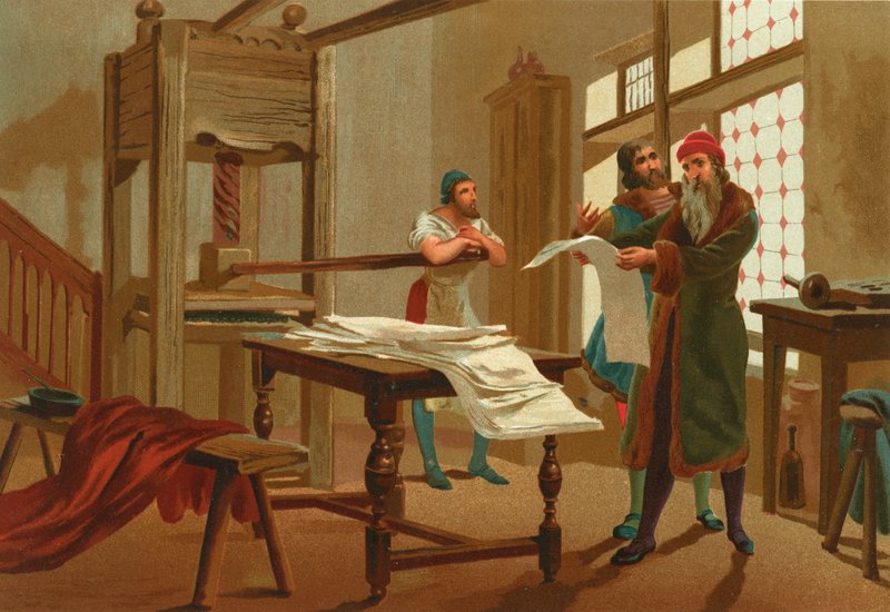 Gutenberg trycker den första sidan i Bibeln av Josep or Jose Planella Coromina