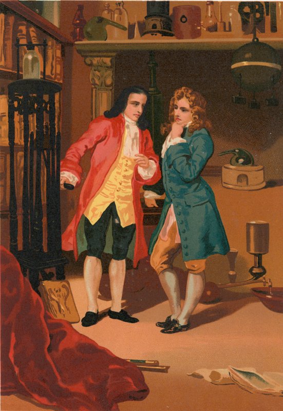 Robert Boyle och Denis Papin inspekterar Papins ångkokare av Josep or Jose Planella Coromina