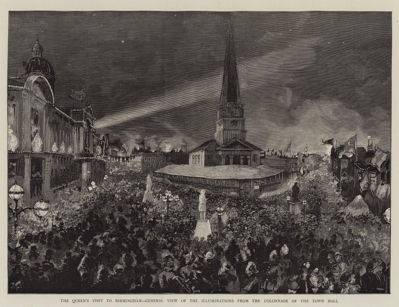 Drottningens besök i Birmingham, allmän vy av belysningen från stadshusets pelargång av Joseph Finnemore
