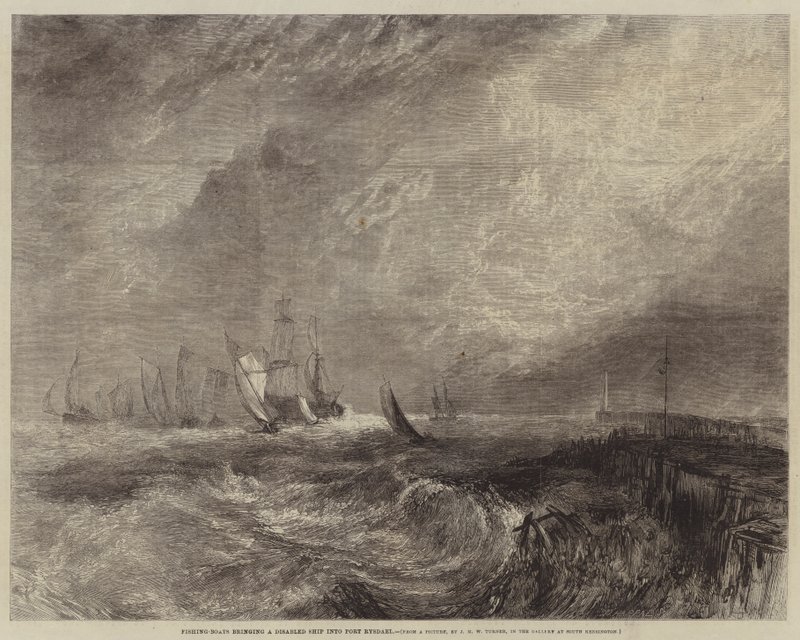 Fiskebåtar som för ett handikappat fartyg till Port Rysdael av Joseph Mallord William Turner