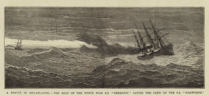 En räddning i mitten av Atlanten, båten från White Star SS Germanic räddar besättningen på SS Harworth av Joseph Nash