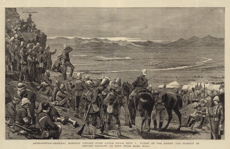 Afghanistan, general Roberts seger över Ayoub Khan, 1 september, fiendens flykt och det brittiska kavalleriets förföljande sett från Baba Wali av Joseph Nash