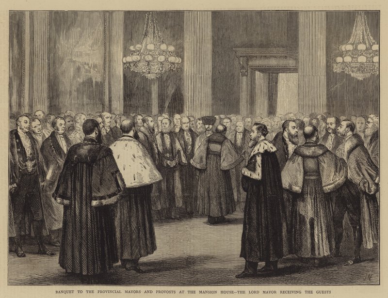 Bankett till provinsborgmästarna och prosterna i Mansion House, borgmästaren tar emot gästerna av Joseph Nash