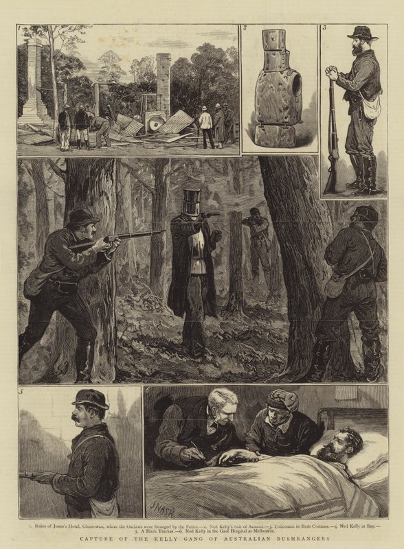Fångst av Kelly-gänget av australiensiska bushrangers av Joseph Nash
