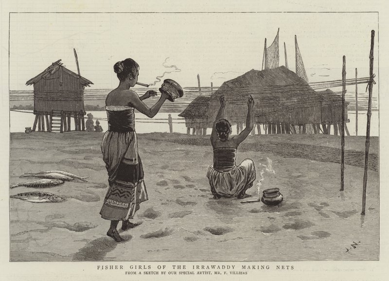 Fisher Girls of the Irrawaddy tillverkar nät av Joseph Nash